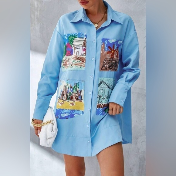 Casual Graphic Print Drop Shoulder Button Up Long Sleeves Shirt Dress - Picture 1 of 10